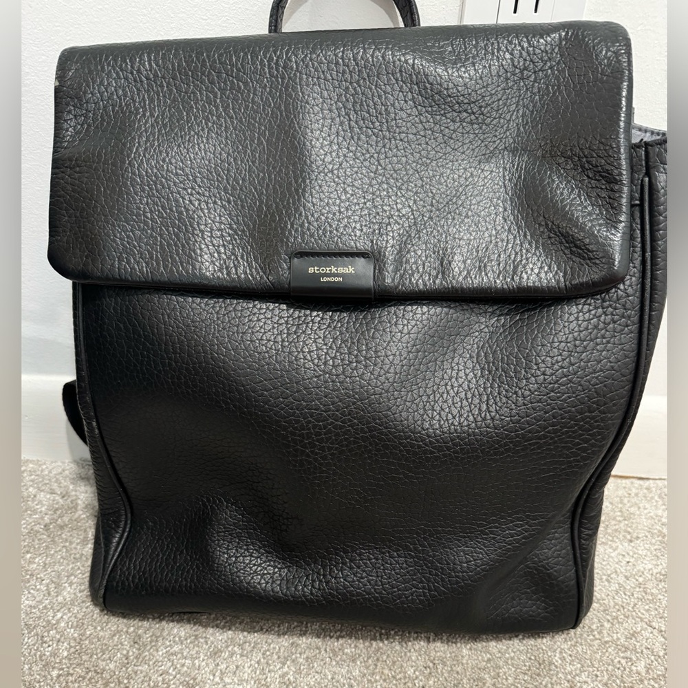 Storksak Black Leather Backpack with Diaper Changing Pad and stroller clips